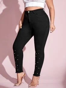 Plus High Waist Pearls Beaded Skinny Jeans - Black - View 6