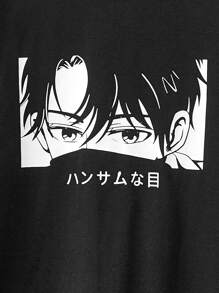 SHEIN Leap Crew Tween Boy Round Neck Long Sleeve Casual T-Shirt With Japanese Letters And Numbers Print - Black - View 3