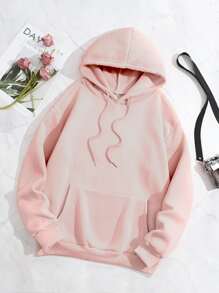 SHEIN EZwear Letter & Expression Print Kangaroo Pocket Drawstring Thermal Hoodie - Baby Pink - View 2