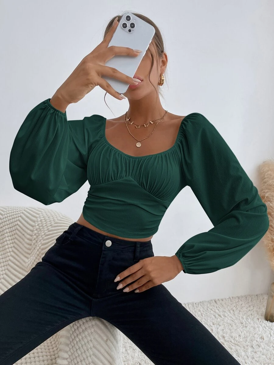 SHEIN Privé Áo crop top cổ lọ có cổ kiểu Sweetheart - Màu xanh lá cây đậm - Xem 1