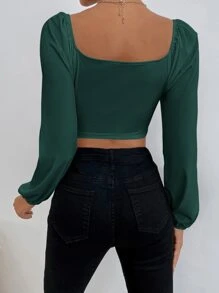 SHEIN Privé Áo crop top cổ lọ có cổ kiểu Sweetheart - Màu xanh lá cây đậm - Xem 2