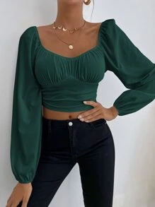 SHEIN Privé Áo crop top cổ lọ có cổ kiểu Sweetheart - Màu xanh lá cây đậm - Xem 3