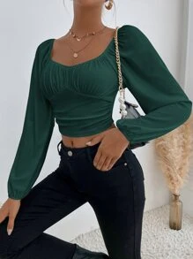SHEIN Privé Áo crop top cổ lọ có cổ kiểu Sweetheart - Màu xanh lá cây đậm - Xem 4
