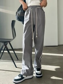 DAZY Contrast Tape Side Elastic Waist Slant Pocket Belted Trousers - Grey - View 3