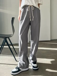 DAZY Contrast Tape Side Elastic Waist Slant Pocket Belted Trousers - Grey - View 4