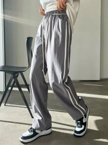 DAZY Contrast Tape Side Elastic Waist Slant Pocket Belted Trousers - Grey - View 5