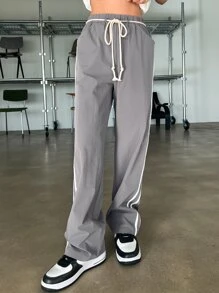 DAZY Contrast Tape Side Elastic Waist Slant Pocket Belted Trousers - Grey - View 7