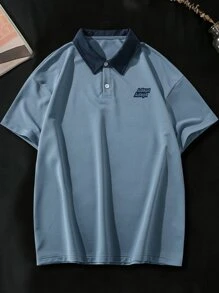 Manfinity Hypemode Loose Men's Polo Shirt With Letter Print And Contrast Collar - Dusty Blue - View 4