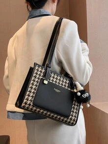 千鳥格和字母圖案方包帶球球吊墜 - 彩色 - 查看 2