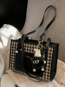 千鳥格和字母圖案方包帶球球吊墜 - 彩色 - 查看 5