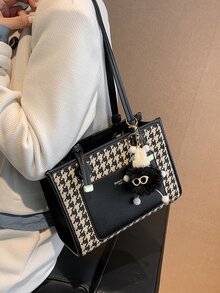 千鳥格和字母圖案方包帶球球吊墜 - 彩色 - 查看 6