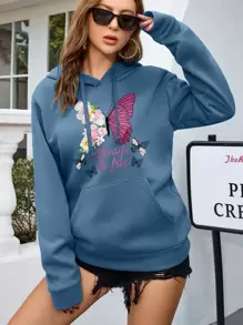 INAWLY Butterfly & Letter Graphic Kangaroo Pocket Drawstring Thermal Hoodie,Long Sleeve Tops - Dusty Blue - View 1