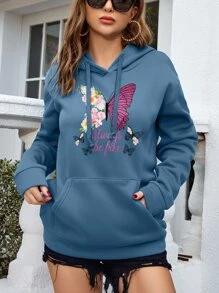INAWLY Butterfly & Letter Graphic Kangaroo Pocket Drawstring Thermal Hoodie,Long Sleeve Tops - Dusty Blue - View 3