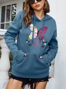 INAWLY Butterfly & Letter Graphic Kangaroo Pocket Drawstring Thermal Hoodie,Long Sleeve Tops - Dusty Blue - View 4