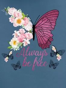 INAWLY Butterfly & Letter Graphic Kangaroo Pocket Drawstring Thermal Hoodie,Long Sleeve Tops - Dusty Blue - View 6