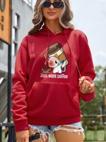 SHEIN Essnce Slogan & Cartoon Graphic Kangaroo Pocket Drawstring Thermal Hoodie - Red - View 5