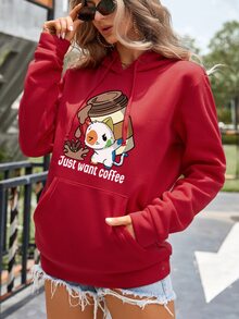 SHEIN Essnce Slogan & Cartoon Graphic Kangaroo Pocket Drawstring Thermal Hoodie - Red - View 6