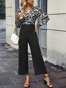 SHEIN Essnce Graphic Print Surplice Neck Wide Leg Jumpsuit - Black - View 3