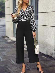 SHEIN Essnce Graphic Print Surplice Neck Wide Leg Jumpsuit - Black - View 5