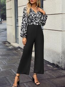 SHEIN Essnce Graphic Print Surplice Neck Wide Leg Jumpsuit - Black - View 4