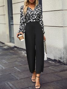 SHEIN Essnce Graphic Print Surplice Neck Wide Leg Jumpsuit - Black - View 6