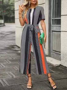 SHEIN Clasi Striped & Polka Dot Print Belted Wide Leg Jumpsuit - Multicolor - View 1