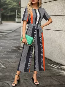 SHEIN Clasi Striped & Polka Dot Print Belted Wide Leg Jumpsuit - Multicolor - View 4