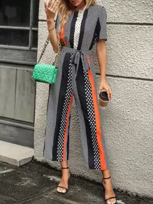 SHEIN Clasi Striped & Polka Dot Print Belted Wide Leg Jumpsuit - Multicolor - View 5