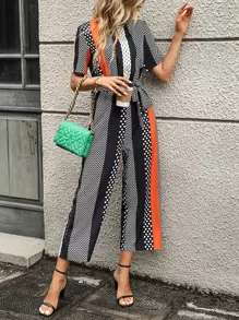 SHEIN Clasi Striped & Polka Dot Print Belted Wide Leg Jumpsuit - Multicolor - View 6