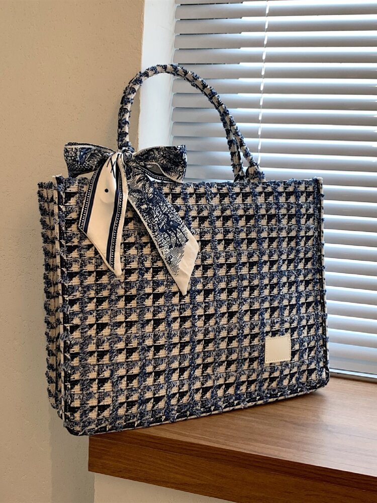 Bow Decor Lightweight, Portable, Large Capacity Casual, Fashion Plaid Pattern Skinny Scarf Decor Shoulder Tote Bag Classic Tweed Plaid Tote Bag With Skinny Scarf Decor, Large Capacity For Girls, Women Large Capacity Shoulder Bag Middle School, High School, Work, Business, Commute, Perfect Valentine's Day Gift For Her, Bow Purse For Women, Best Valentine's Gift Choice Ever