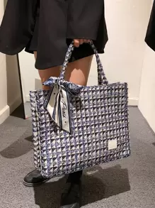 Túi đeo vai họa tiết kẻ sọc nhẹ, di động, dung tích lớn, thường ngày, thời trang, túi vải tuýt kẻ sọc cổ điển có khăn quàng cổ trang trí, dung tích lớn cho bé gái, túi đeo vai dung tích lớn cho nữ, trường trung học cơ sở, trường trung học phổ thông, công sở, kinh doanh, đi làm, quà tặng ngày lễ tình nhân hoàn hảo cho cô ấy, ví nơ cho phụ nữ, lựa chọn quà tặng ngày lễ tình nhân tuyệt vời nhất từ trước đến nay - Màu xanh lam - Xem 3