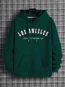 Men Letter Graphic Kangaroo Pocket Drawstring Thermal Hoodie - Dark Green - View 1