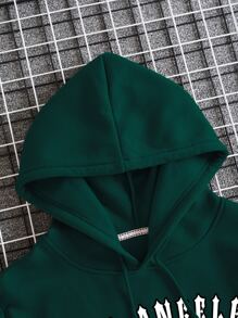 Men Letter Graphic Kangaroo Pocket Drawstring Thermal Hoodie - Dark Green - View 3