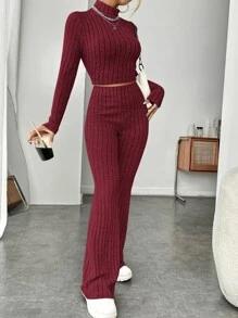 SHEIN EZwear 小高領短款T恤和喇叭褲 - 酒紅色 - 查看 4