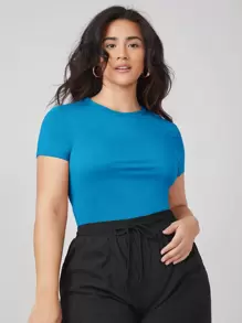 SHEIN BASICS Áo thun Plus size màu trơn Giải trí - Màu xanh lam - Xem 1