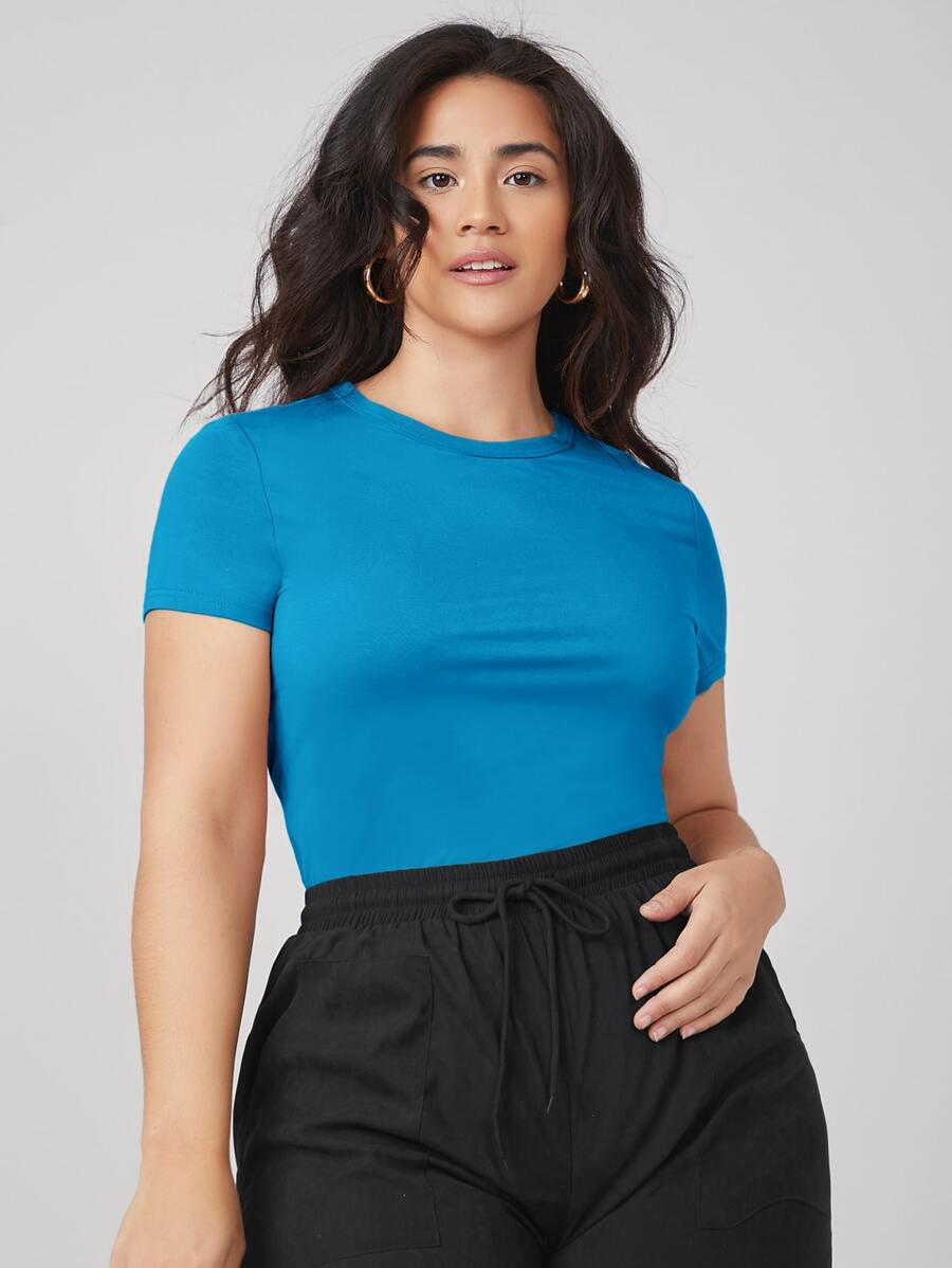 SHEIN BASICS Áo thun Plus size màu trơn Giải trí - Màu xanh lam - Xem 1