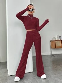 SHEIN EZwear 小高領短款T恤和喇叭褲 - 酒紅色 - 查看 5