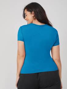 SHEIN BASICS Áo thun Plus size màu trơn Giải trí - Màu xanh lam - Xem 3