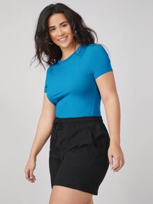 SHEIN BASICS Áo thun Plus size màu trơn Giải trí - Màu xanh lam - Xem 5
