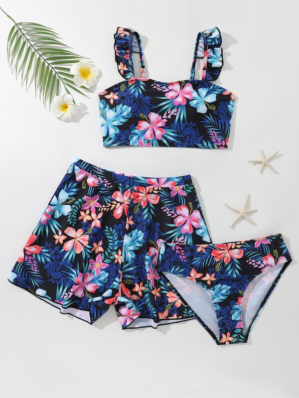 Teen Girls Tropical Print Ruffle Trim Bikini Set With Beach Skirt Summer Beach