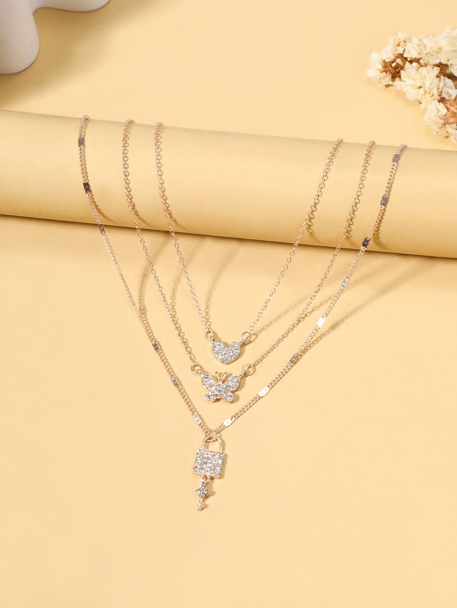水鑽心形與蝴蝶吊飾多層次項鍊 - 玫瑰金 - 查看 1