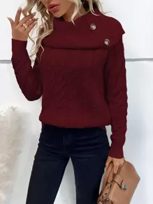 SHEIN LUNE 麻花編織插肩袖套頭毛衣 - 酒紅色 - 查看 6
