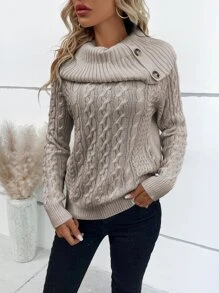 EMERY ROSE Jersey de cuello de pila, manga raglán y tejido de cable, Tops de manga larga - Caqui - Ver 6