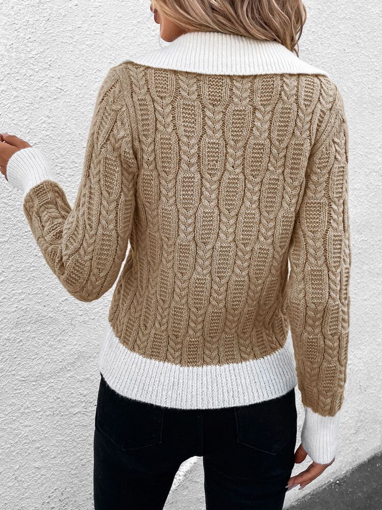 EMERY ROSE סוודר סריג כבלים עם גימור ניגודי לסתיו ולחורף - משמש - ראה 2