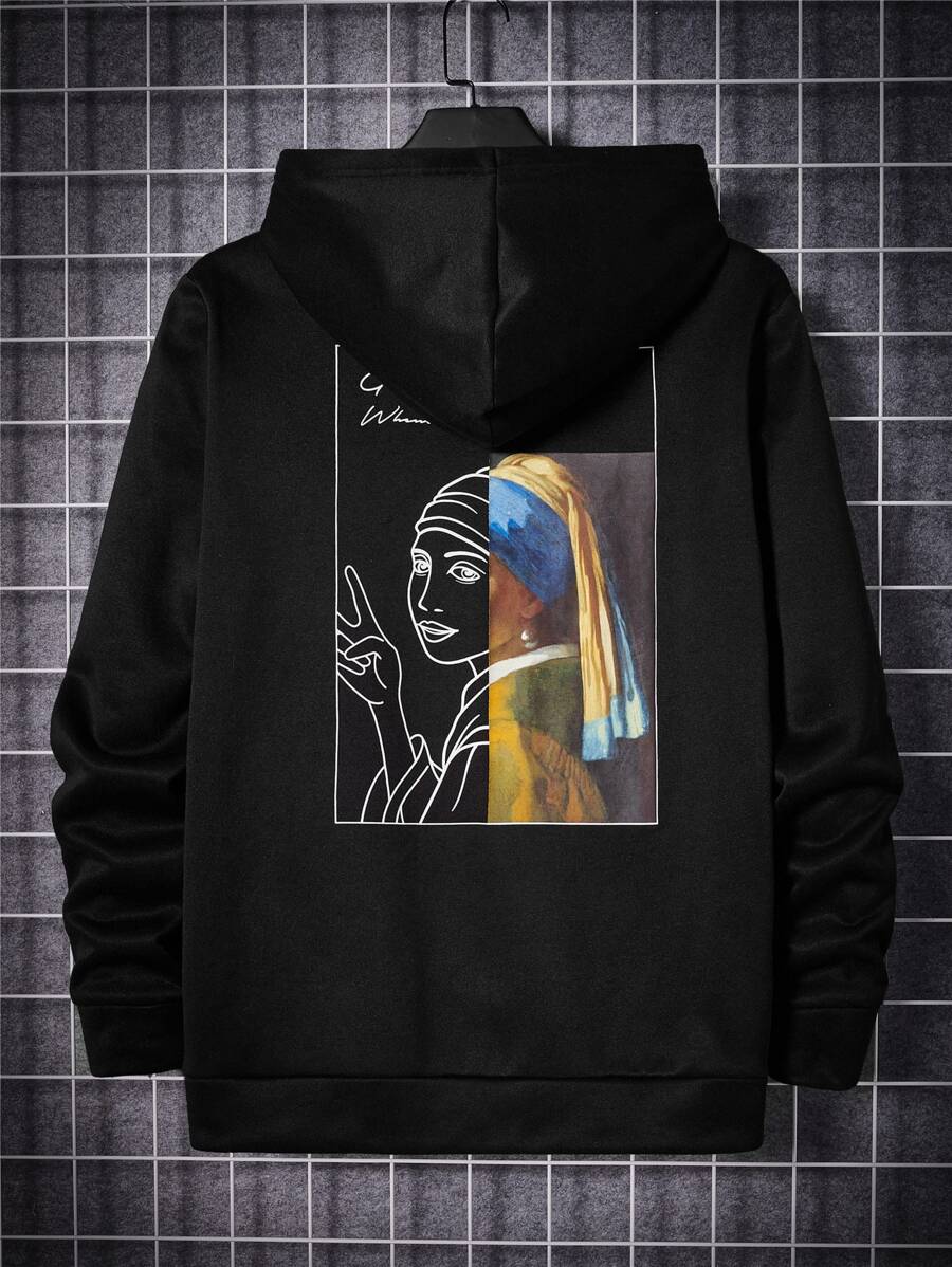 Manfinity Men Figure Graphic Drawstring Hoodie - Black - View 1