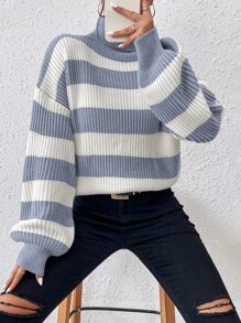SHEIN Essnce Striped Pattern Turtleneck Bishop Sleeve Jumper - Blue and White - View 1
