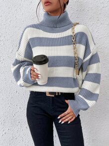 SHEIN Essnce Striped Pattern Turtleneck Bishop Sleeve Jumper - Blue and White - View 3