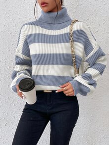 SHEIN Essnce Striped Pattern Turtleneck Bishop Sleeve Jumper - Blue and White - View 4