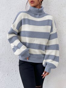 SHEIN Essnce Striped Pattern Turtleneck Bishop Sleeve Jumper - Blue and White - View 5