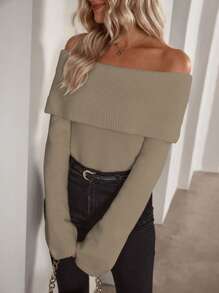 SHEIN Privé Jersey de hombros descubiertos tejido de canalé - Caqui - Ver 5